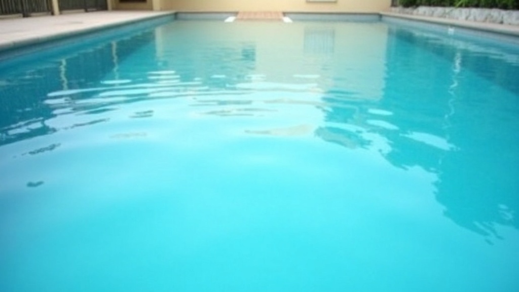 Calm swimming pool reflecting soft sunlight